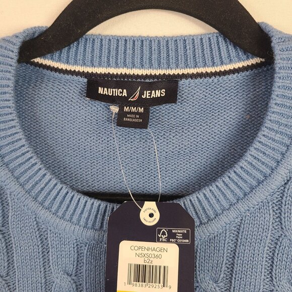 NWT Nautica Jeans Cable Knit Sweater In Slate Blue w/ Contrast Stripe Trim Sz M - Picture 3 of 8